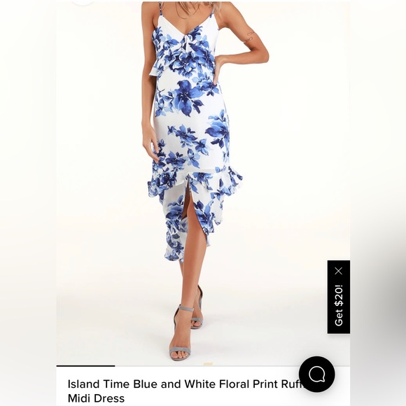 Lulus Island Time Blue and White Floral Print Ruffled Midi Dress - Picture 1 of 3